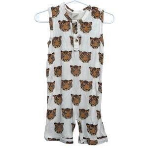 Kate Quinn Tiger Heads Sleeveless Button Shortie Jumpsuit Bamboo Size 6-12 Month